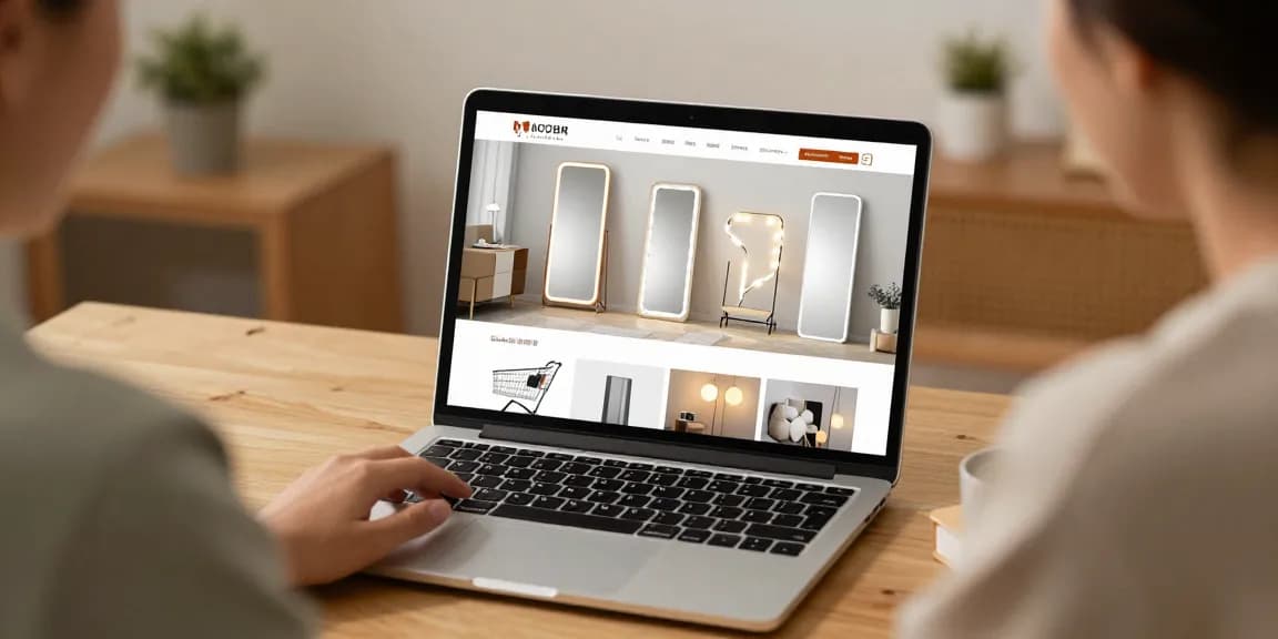 LED bathroom mirror "oglinda baie" displayed in a cozy online shopping atmosphere, showcasing best deals and digital marketplace options.